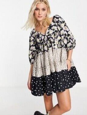 Asos Design Curve Mixed Print Babydoll Mini Dress Floral Leopard Polka Dot 18